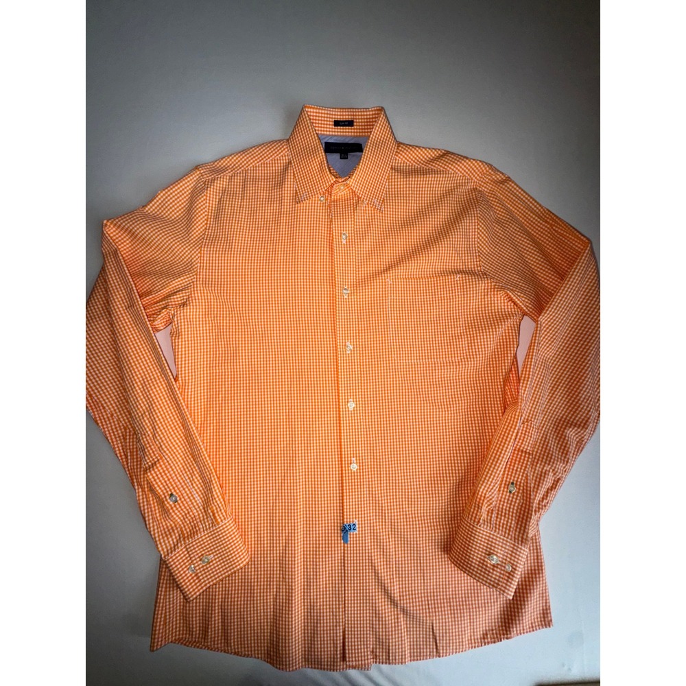 Tommy Hilfiger Button Down Shirt Mens 15.5 34-35 Orange Gingham Slim Fit Preppy